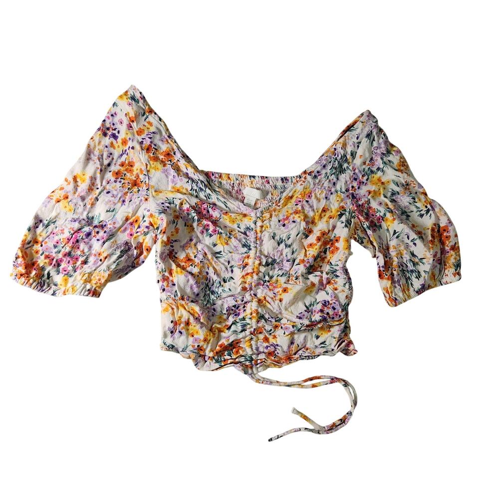 H&M Floral Tie Front Puff Sleeve Viscose Ruched Crop Top Blouse Size XS